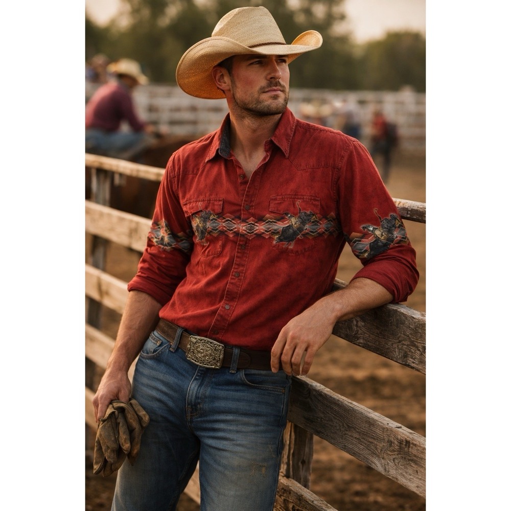 Vintage Wrangler Western Shirt Red Cowboy Rodeo Aztec Pearl Snap Distressed READ